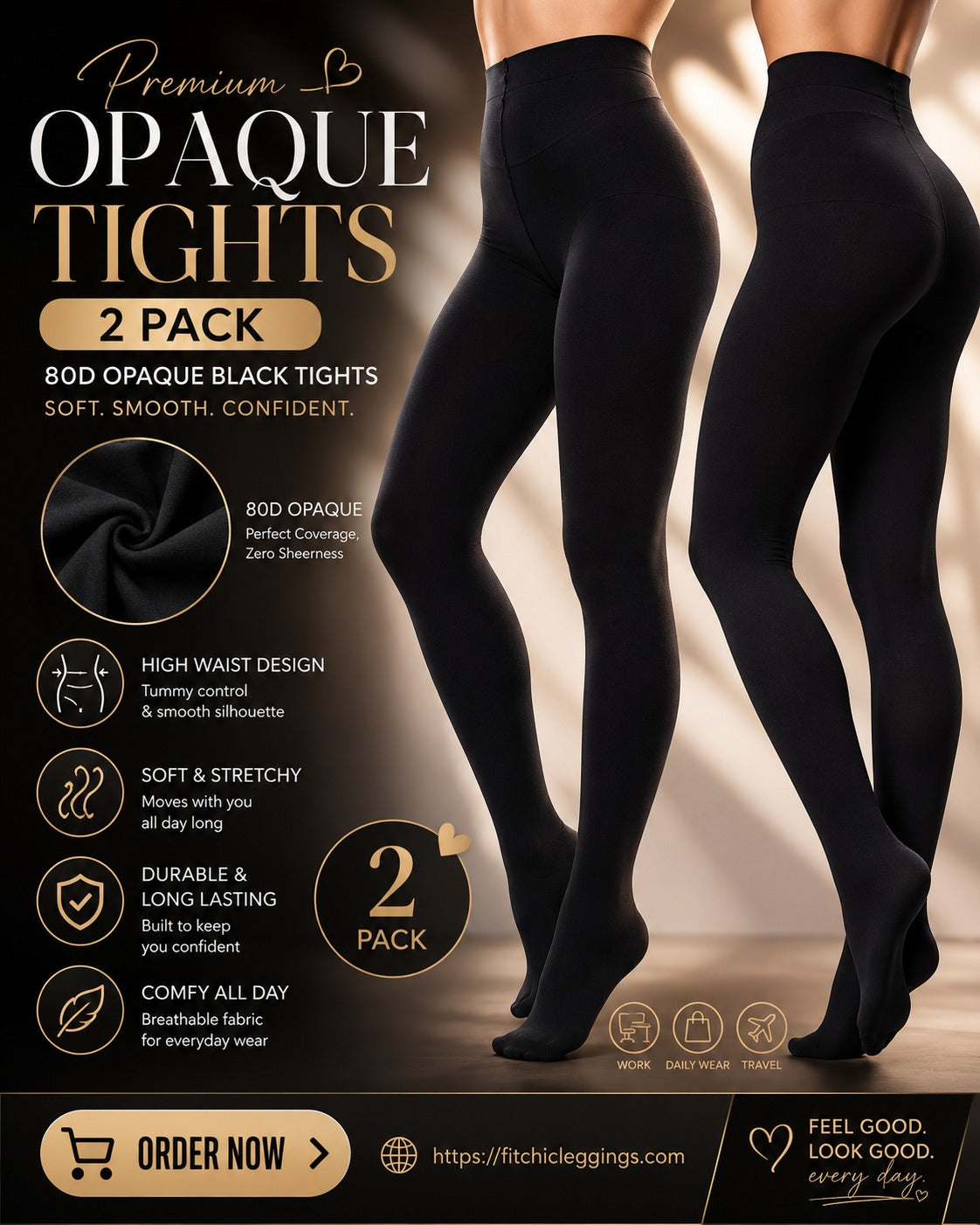 2pack 80d Opaque Black Tights For Women