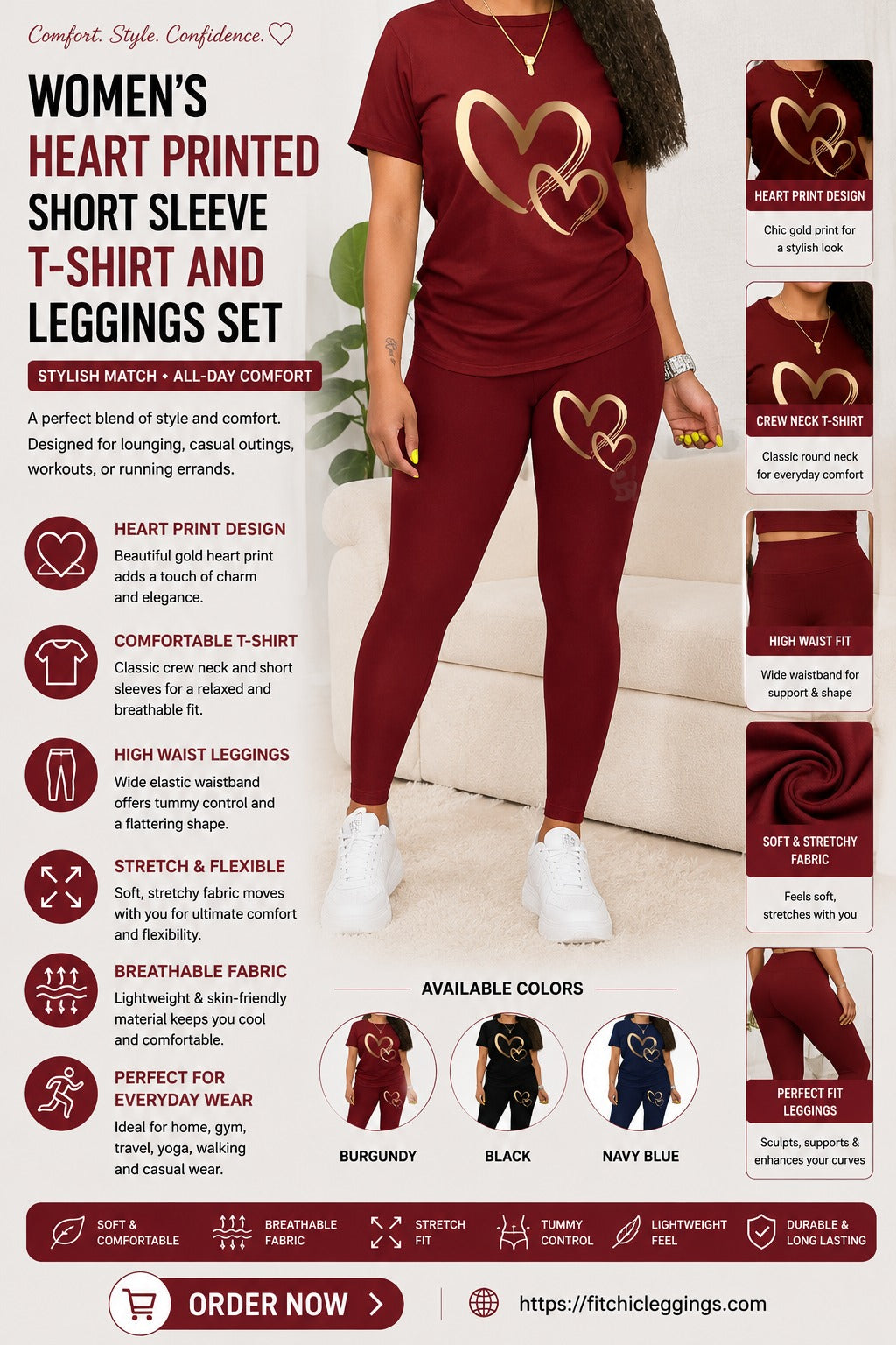 Women's Heart Printed Short Sleeve T-Shirt And Leggings Set